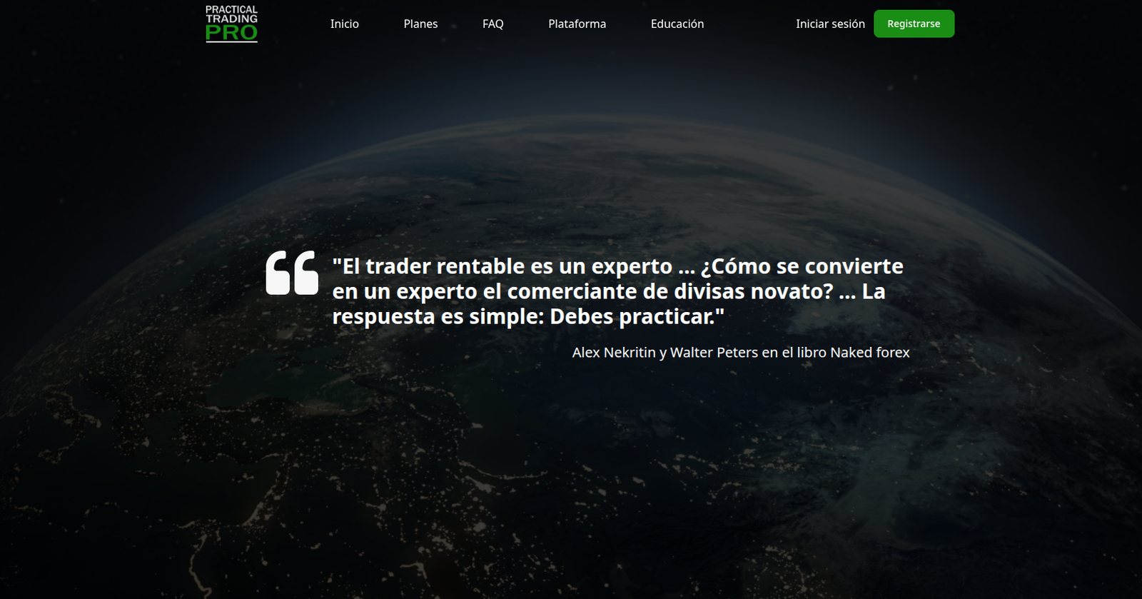Página de inicio de Practical Trading Pro con el menú de navegación y la cita de Naked Forex