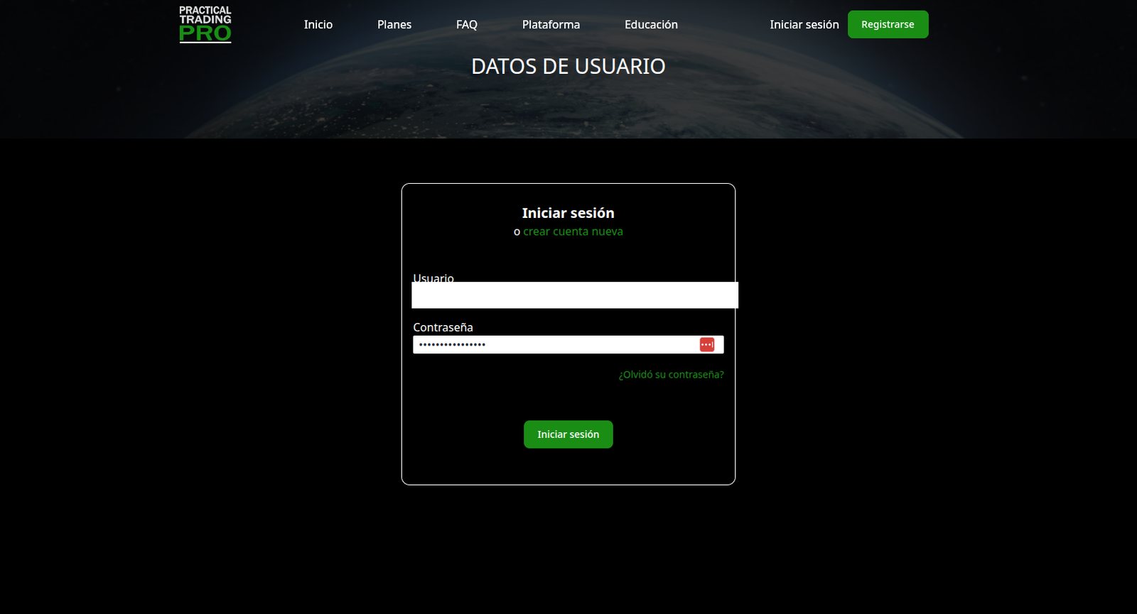 Pantalla de inicio de sesión con usuario y contraseña
